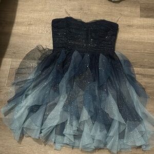 Sparkly ruffle strapless blue dress
